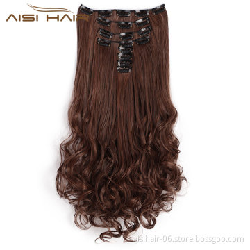 Aisi Hair Synthetic 8 Pcs Full Head Long Wavy High Temperature Fiber 18 Clips In Hair Extensions Brown Hairpieces For Women